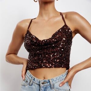 MESHKI Brown Sequin Crop Top